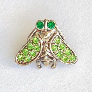 Vintage Bee Fly Bug Green Rhinestone Silver Tone Pinback Lapel Lanyard Hat Pin